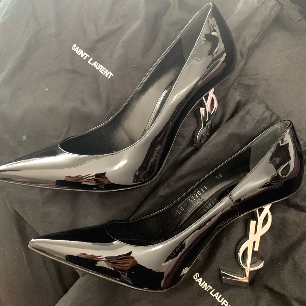 Opyum Black Patent Leather Heels in Silver